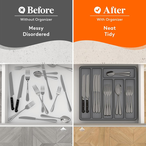 Lifewit Silverware Organizer with Lid, Covered Utensil Tray for Kitchen Drawer, 6 Compartments, Gray Plastic Cutlery