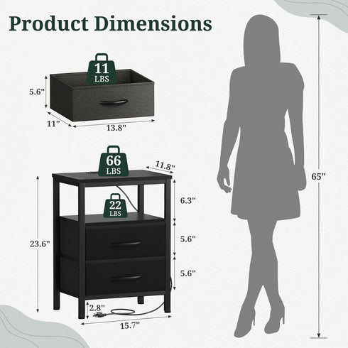 2 Nightstand with Charging Station, Bedside Table with USB Ports & Outlets, Small Dresser End Table with Fabric Drawer