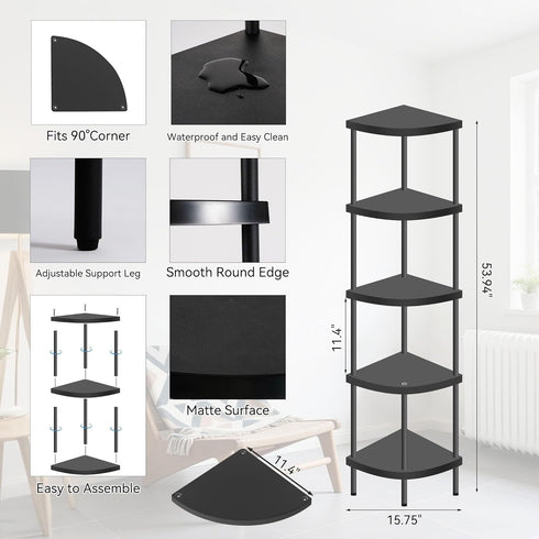 5 Qupui Tier Corner Shelf Stand, Tall Display Rack Multipurpose Shelving Unit, Storage Home Decor Organizer Shelves
