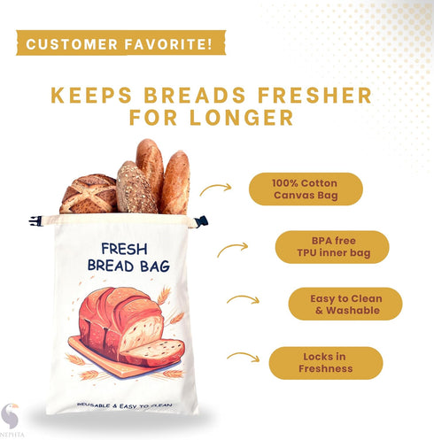 2 Pack, 17"x13" Extra Large Reusable Bread Bags for Homemade Bread - Washable & Freezer Safe Sourdough Storage, Double