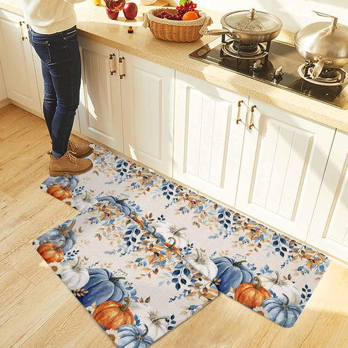 Blue Pumpkins Fall Kitchen Rugs and Mats Set, Thanksgiving Non-Slip Bathroom Rug with Eucalyptus Leaves Botanical