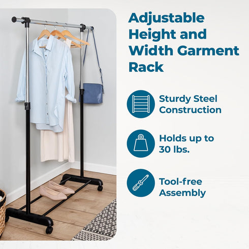 Adjustable Honey-Can-Do Rolling Garment Rack - Heavy-Duty Chrome Organizer