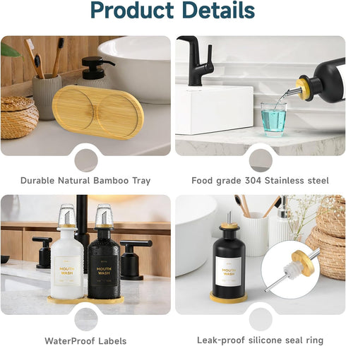 BTIFU 2PCS Countertop 14oz/410ml Glass Mouthwash Dispenser for Bathroom Refillable Mouthwash Bottle with Glass Cup
