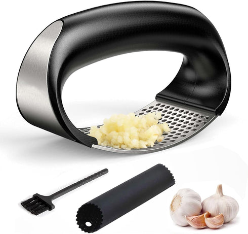 Dybepocih Garlic Press Rocker,New Stainless Steel Garlic Mincer Garlic Crusher Set,3-in-1 Garlic Crusher,Peeler