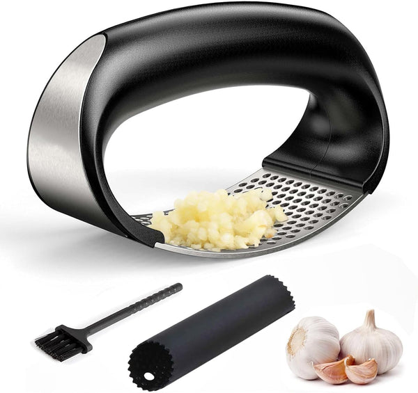 Dybepocih Garlic Press Rocker,New Stainless Steel Garlic Mincer Garlic Crusher Set,3-in-1 Garlic Crusher,Peeler