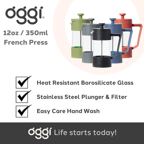 Oggi French Press Coffee Maker (12oz) - Borosilicate Glass, Single Cup French Press, Charcoal