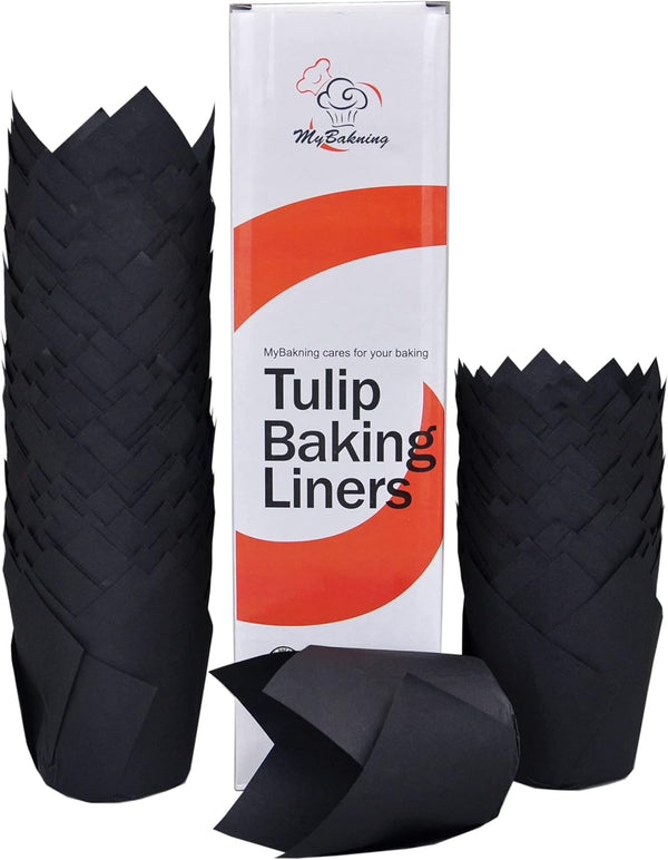 Black Large Tulip Baking Cups - 2-1/4" Base Diameter x 4" Wall Height, Parchment Paper Cupcake Liners, 130 pcs