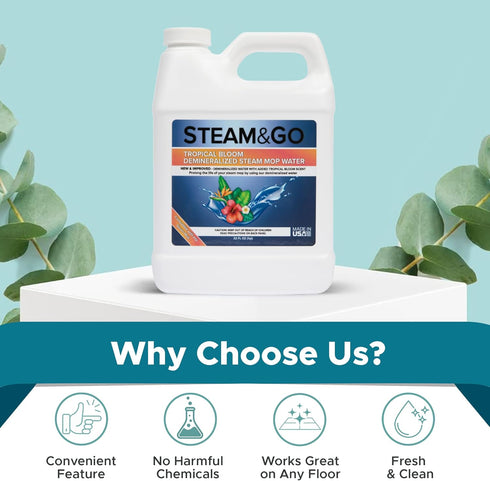 Steam & Go Demineralized Water for Steam Cleaner, PVC-Free Floor Cleaner Liquid Compatible With Any Mop Steamer, Ready-to-Use Multisurface Cleaner, Scented Mop Solution, Tropical Bloom, 32 oz by Steam and Go