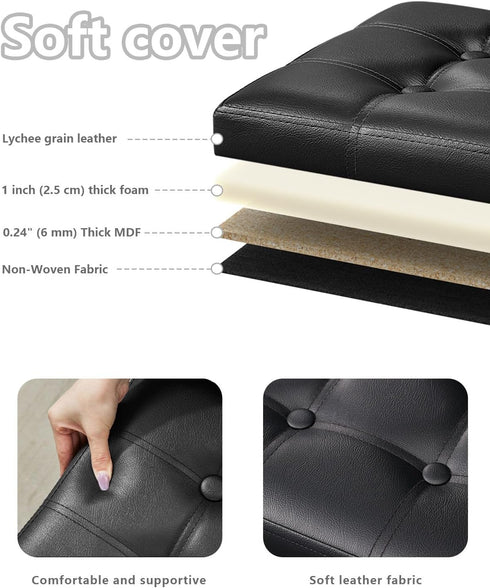 17x13x13in,Black Bsketa Storage Ottoman, Folding Foot Stool with Thicker Foam Padded Seat Small Leather Storage Ottoman