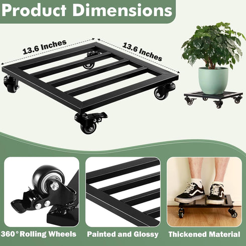 13.6 Large Metal Square Plant Caddy with Wheels Iron Wrought Rolling Plant Stand with Casters Heavy-duty Plant Dolly