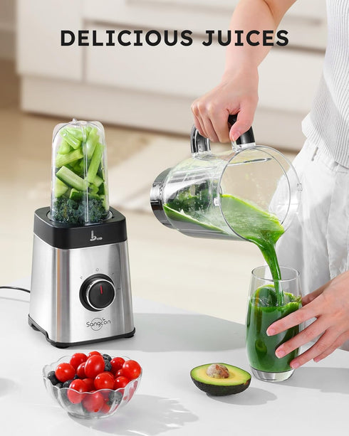 Sangcon Blenders and Food Processor Combo, 40 oz Jar & 17oz Cup with To-Go Lid, Stainless Steel Silver, for Shakes and