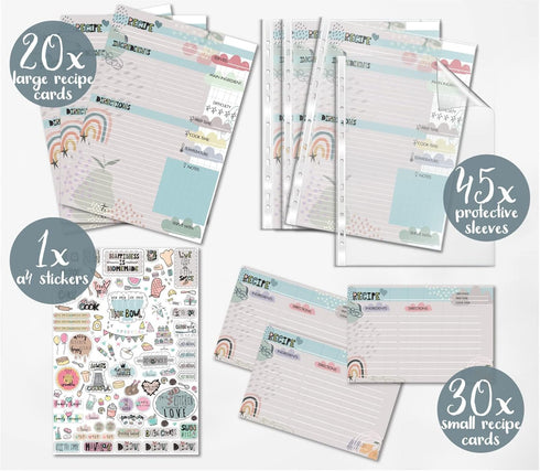 Recipe Binder Refill Pages 30 4 x 6 Recipe cards, 20 x A4 Recipe Cards, 45 Page Protectors,1 Pc of A4 Stickers for 11 x 12 x 2.8 Inch 3 Ring Recipe Binder Kit by Balanchy