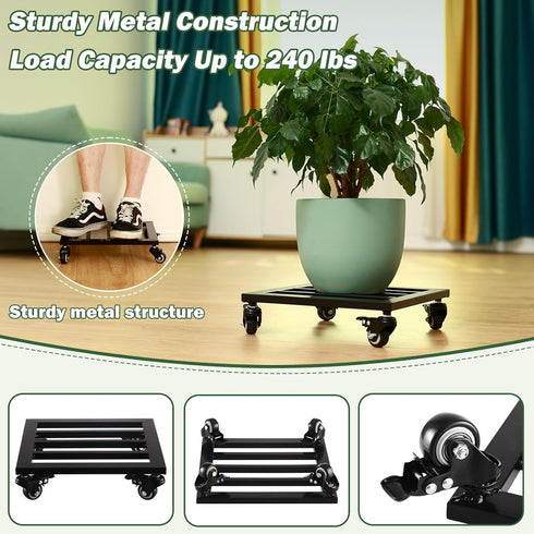 13.6 Large Metal Square Plant Caddy with Wheels Iron Wrought Rolling Plant Stand with Casters Heavy-duty Plant Dolly