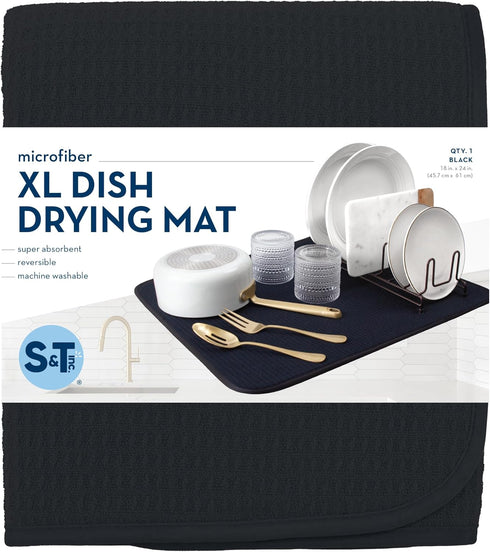 S&T INC. Dish Drying Mat XL, Highly Absorbent Microfiber Kitchen Counter Mat, Extra Large 18" x 24", Black