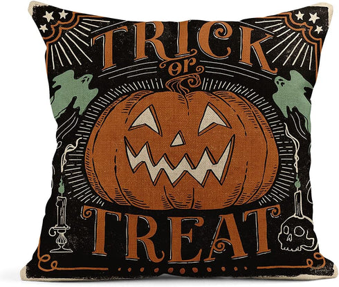Set of 4 Linen Throw Pillow Covers 18x18 Inch, Vintage Halloween Scaredy Cats Pumpkins Skeletons