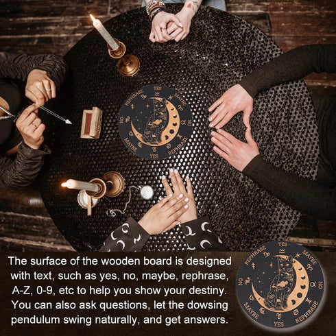 Wooden Pendulum Board 7.9" - Cat Moon Witch Dowsing Divination Planchette Board with Healing Crystal Necklace