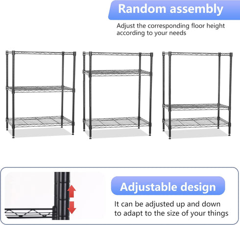 FDW Wire Shelving Units Adjustable Metal Storage Rack 23D x 13W x 30H 3 Tier Pantry Shelves for Kitchen Garage, Black