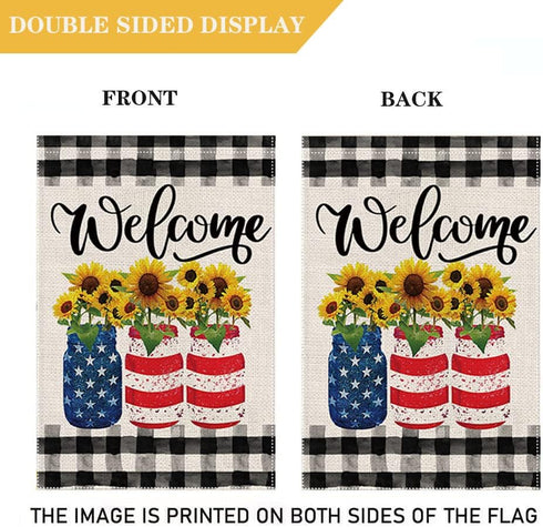 Welcome Summer Sunflowers Garden Flag 12.5 x 18 Inch, Patriotic Buffalo Plaid Double Sided Seasonal Decor