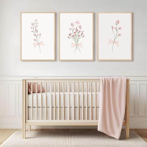 Olctedo 12x16x3 Inch Nursery Flower Wall Art Girl Floral Canvas Wall Decor Boho Wildflower Art Poster Pink Bow Pictures