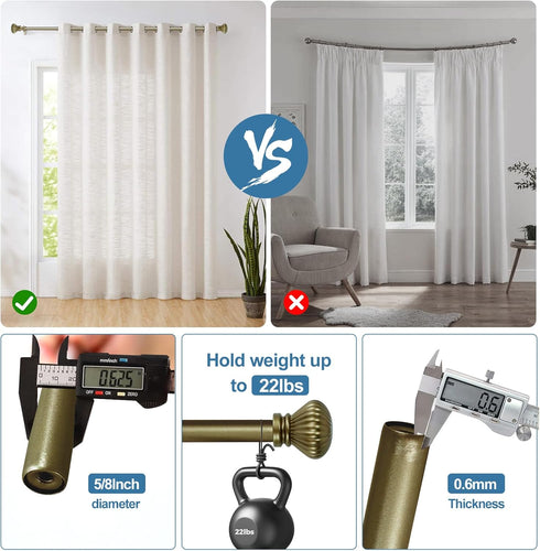 Urbanest Fluted Ball Adjustable Double Drapery Curtain Rod Set - 5/8", 48"-84", Antique Gold