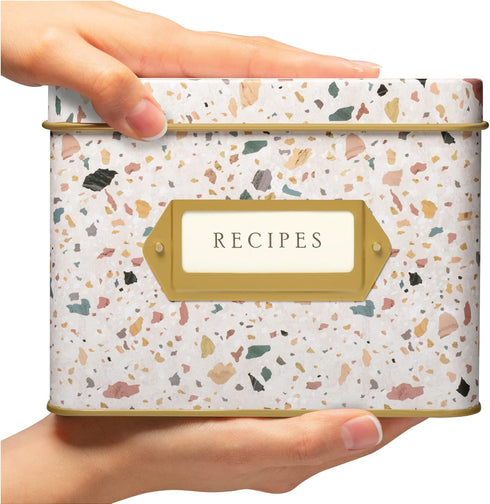 Jot & Mark Decorative Recipe Tin Box for Recipe Cards, Greeting Card Holder | Holds Hundreds of 4” x 6” Cards (Terrazzo)