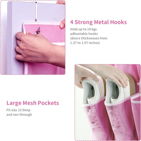 35 35 4 (Pink-1Pack) SAVERHO Pockets Over the Door Shoe Organizer, Hanging Shoe Organizer for Door with Mesh Pockets