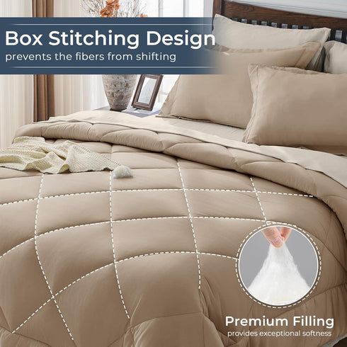 Set 7-Piece Set HEVUMYI Khaki & Linen Full Comforter - All Season Bed in a Bag Full, Ultra Soft Bedding with Comforter