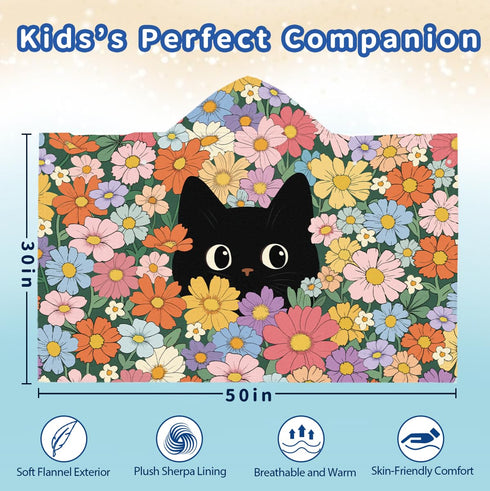 30x50 Flower Cat Beach Towel for Girls, Floral Cat Beach Towel, Cats Hooded Bath Towel, Cats Lover Gifts for Girls Boys