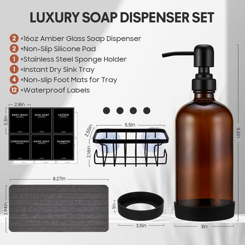 NEECZS Set Holder,16 Oz Set,Stainless Kitchen Soap Dispenser with Instant Dry Tray & Sponge Hand and Dish Soap Amber