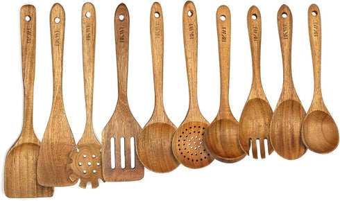 Wooden Cooking Utensils Set, 10 Pack Wooden Spoons and Spatula for Kitchen