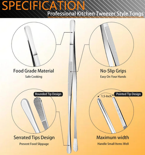 JETKONG 6 Pcs Cooking Tweezer Tongs, 12'' and 6.3" Stainless Steel Kitchen Tweezer Set, Professional Chef Tweezers for Cooking, Repairing, Sea Food, BBQ, Multi-use by JETKONG