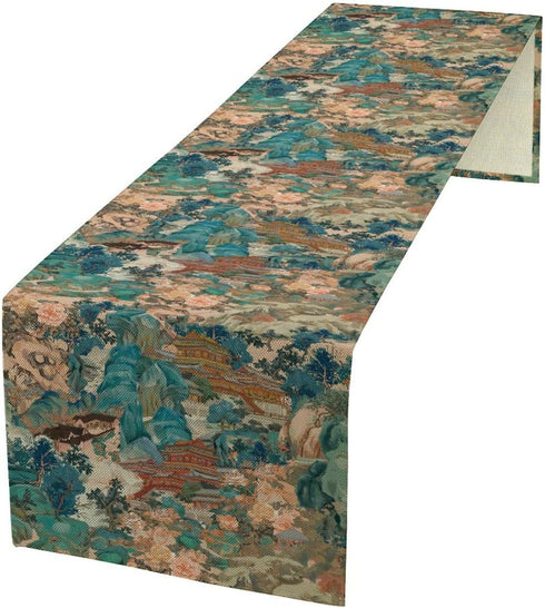 Nitmbi China Table Runner,Chinese Style Landscape Painting Pattern Table Runner for Coffee Table