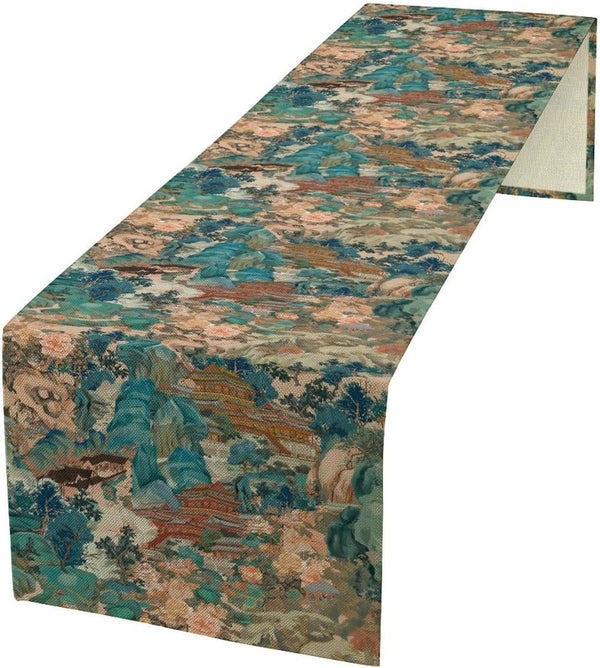 Nitmbi China Table Runner,Chinese Style Landscape Painting Pattern Table Runner for Coffee Table