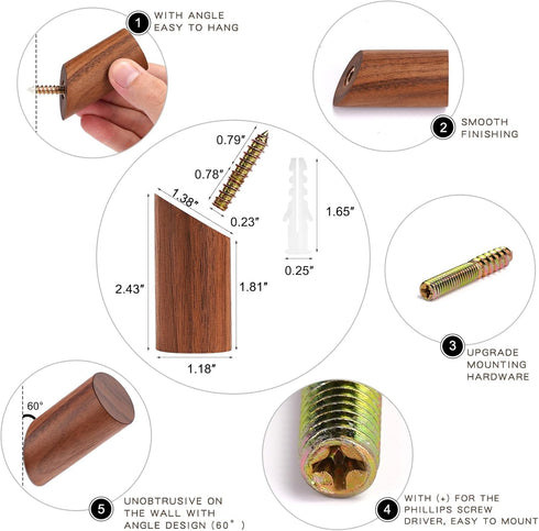 Wooden Wall Hooks, 2 Pack Coat Hooks Wall Mount, Heavy Duty Hooks for Hanging Towels and Coats (Walnut Wood)