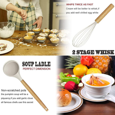 Kitchen Utensils Set, 35 PCs Cooking Utensils with Grater, Tongs, Spoon Spatula & Turner, Silicone & Wooden Handles