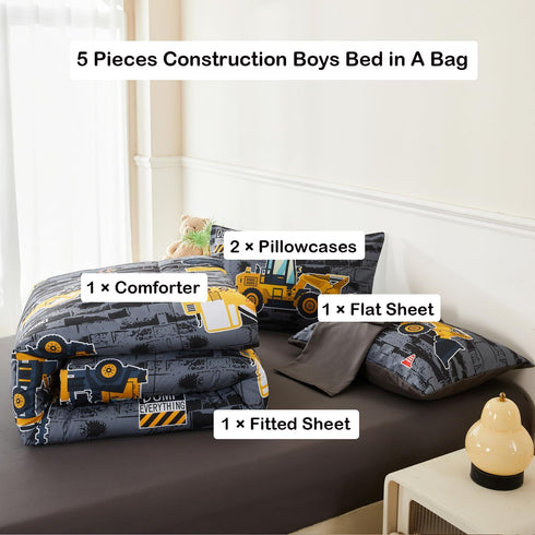 Set 5 Sets Sets ANGIYUIN Twin Boys Comforter Pcs Gray Construction Bed in A Bag for Kids Teens Excavator Trucks Bed