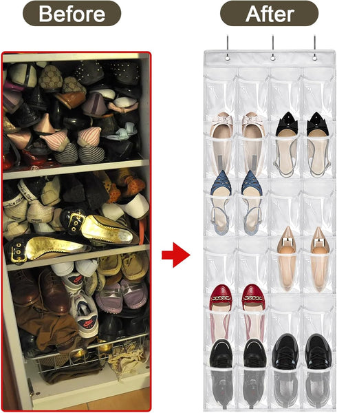 Over The Door Shoe Organizer - 2 Pack with 24 Pockets and Hooks for Space Saving, White