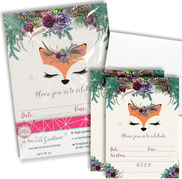 Woodland Forest Fox Face Floral Birthday Party Invitations - 20 Fill In Cards with White Envelopes by AmandaCreation