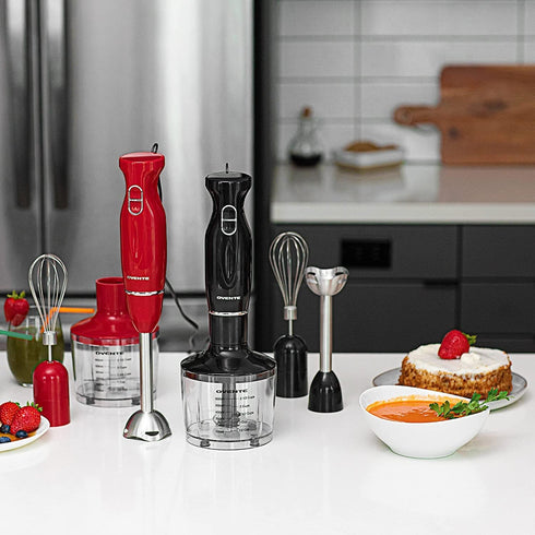 OVENTE Immersion Electric Hand Blender, 300 Watt Power with Stainless Steel Blades, Includes Whisk and Chopper, Red