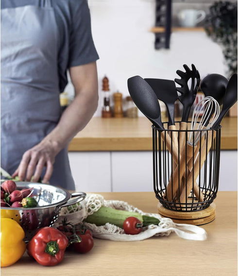 Utensil Holder for Kitchen Counter, Large Rotating Utensils Caddy for Farmhouse Cooking, Spatula Holder (Metal + Bamboo)