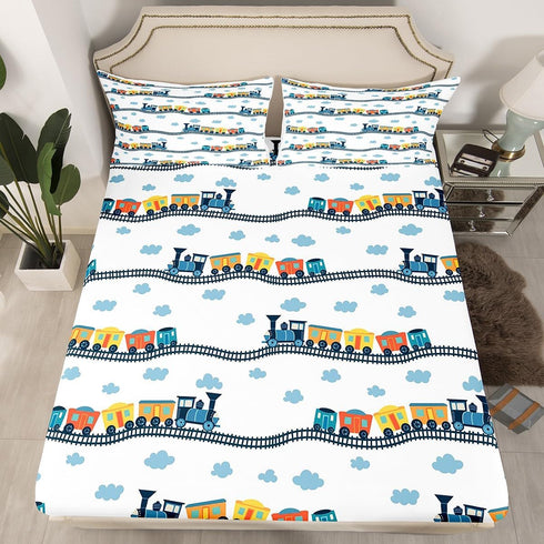 Sets Set 4pcs Erosebridal Cute Steam Engine Queen Sheets for Kids Toddlers Kawaii Train Sheet & Pillowcase Construction