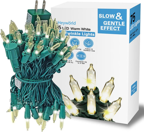 Heyworld Slow Twinkle Lights 75 LED Gentle Twinkling Christmas Lights, UL Certified Waterproof