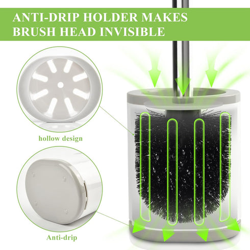 Compact Toilet Brush & Holder, White & Grey, Stainless Steel Handle, Deep Cleaning, Drip-Proof, Easy to Assemble