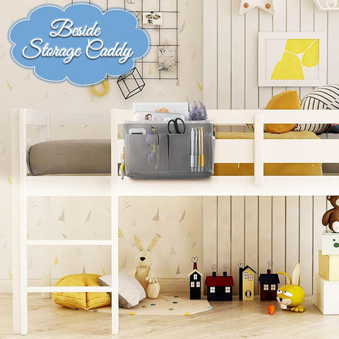 Bedside Caddy Hanging Storage Basket, Bed Organizer for Headboards, Bunk Dorm Rooms, Crib Beds (Grey)