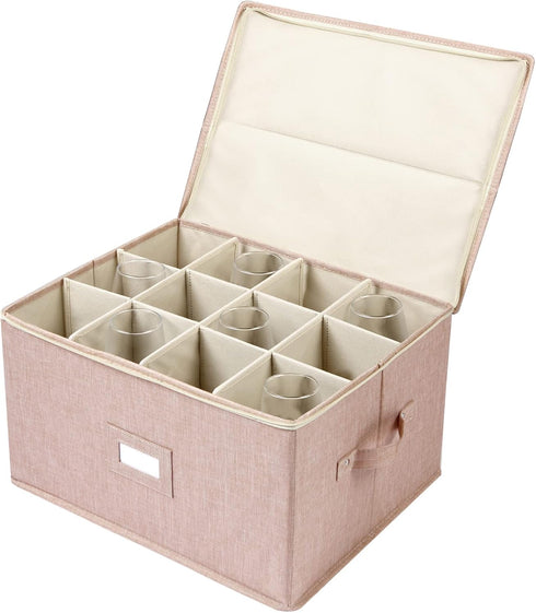 Beige popoly Wine Glass Storage Box, Stackable Stemware Containers with Dividers for 12 Glasses, Drinkware Cases