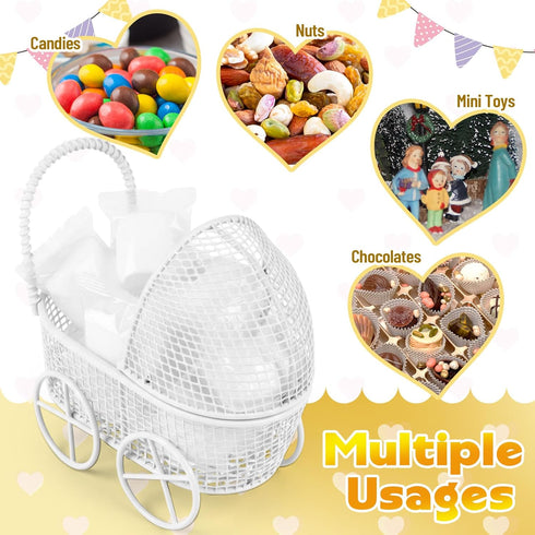 Threehoney 24 Pcs Baby Shower Mini Carriage Decoration White Goose Color Metal Wired Fillable Candy Stroller Baby