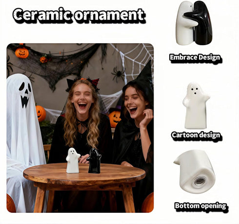 RyanDesign Salt and Pepper Shakers, Ceramic Ghost Design, Black and White Hugging Couple, Wedding Gifts, Kitchen Decor