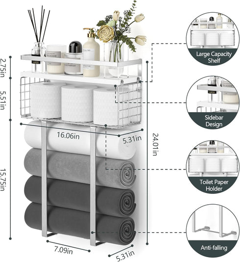 Towel Racks for Bathroom, Floating Shelves with Towel Rack and Paper Holder, Over Toilet Storage, Silver