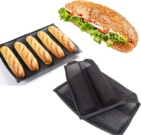 masteymoh 5-Cavity French Bread Baking Pan, Non-Stick, Soft Foldable for Easy Storage, 17.2" x 12.2"