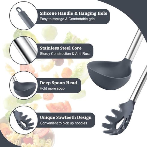 TeamFar Silicone Kitchen Utensils, 2 Pcs Large Nonstick Soup Ladle and Pasta Fork for Cooking, Mixing, Serving, Light